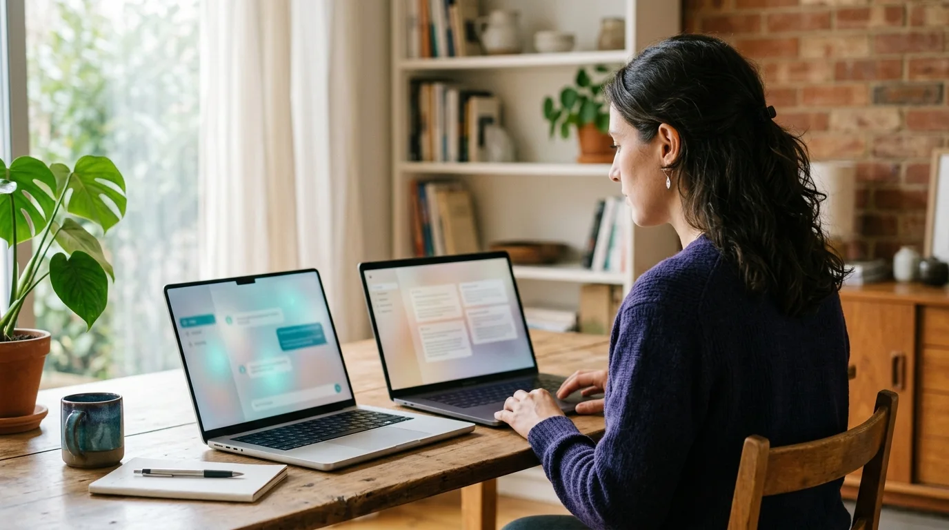 Two chat windows side by side with a brand mark appearing in one and missing in the other