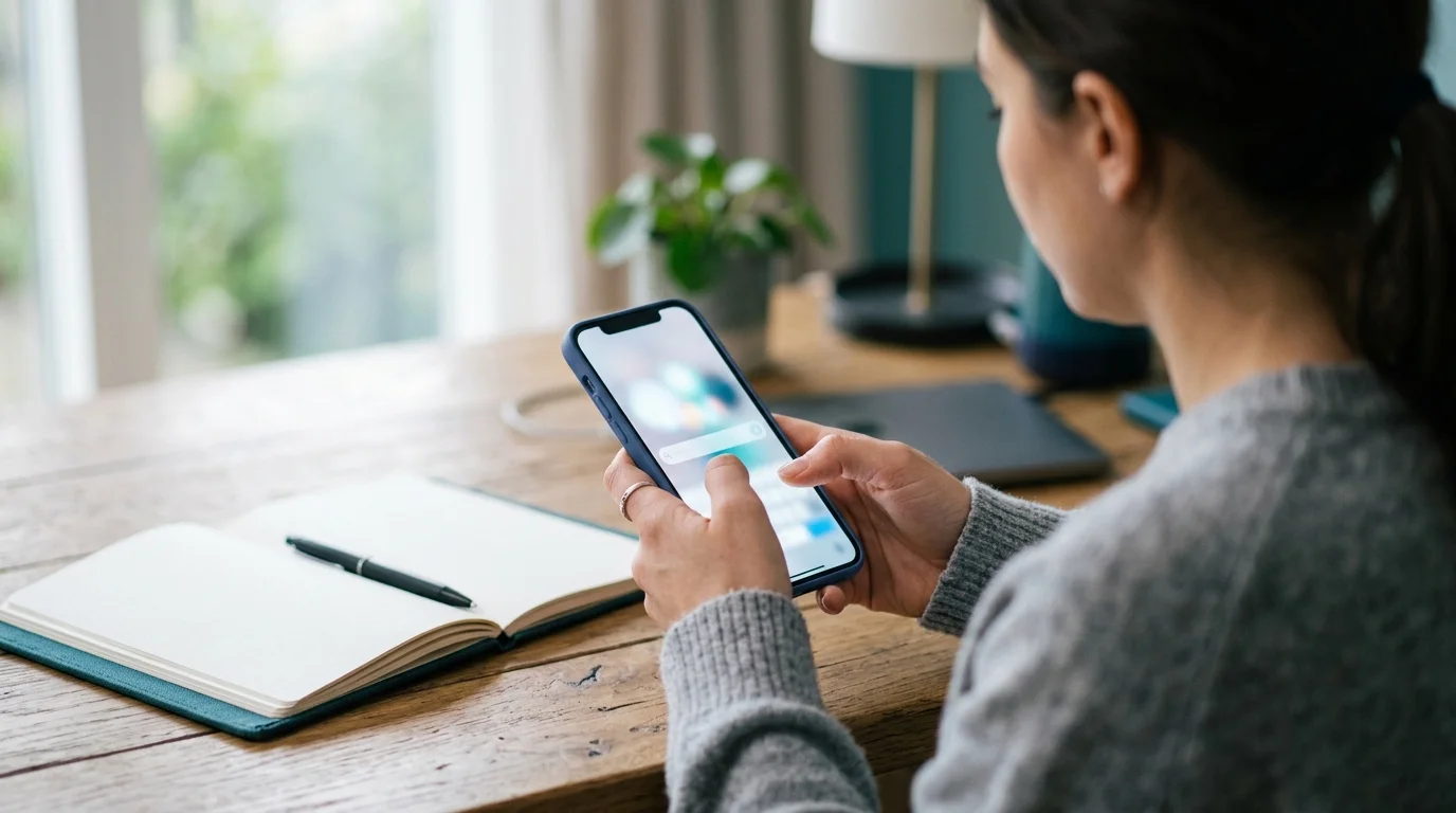 Hands typing a search on a smartphone