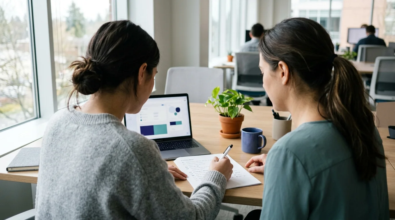 Two colleagues going through a checklist of website fixes beside a laptop