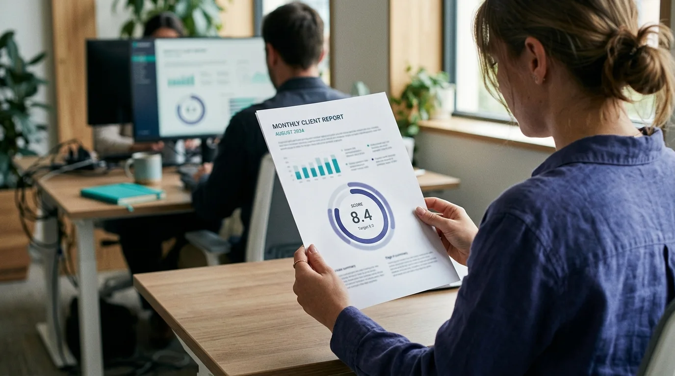Agency report showing an AI visibility score, rivals and a task list